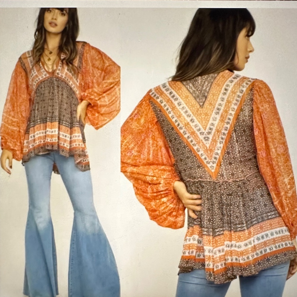 Free People Orange and Brown Boho Peasant Blouse